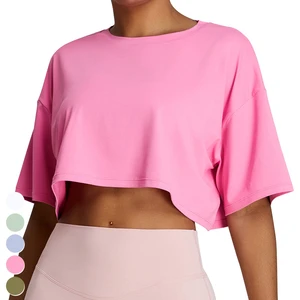 High Quality Eco-Friendly Women Crop Top Wholesale Plain Dyed Short Sleeve Casual Gym Fitness Wear Breathable Quick Dry