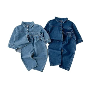 New Autumn Children's Denim Suits Boys And Girls Shirts Vintage Long-sleeved Jeans Trousers Two-piece Set