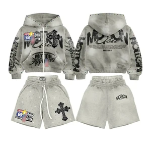 Men's Distressed Rhinestone Letter Print Drawstring Hoodie Shorts Set with Angel Design Breathable Autumn for Urban Streetwear