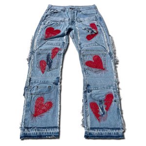 Men's Distressed Cargo Jeans Plus Size Mid Waist Loose Fit Hand Embroidered Red Hearts Casual Denim Pants
