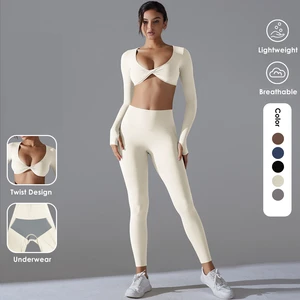 Ladies Solid Long Sleeve Pleated Front Crop Top Gym Fitness Yoga Wear High Waist Seamed Legging Yoga Set Breathable Thumb Hole
