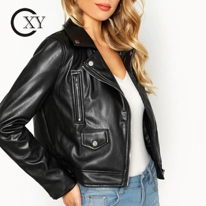 Women's Autumn Short Bow Collar Breathable Leather Bomber Jacket With Zipper Cuff and Customize Fashion