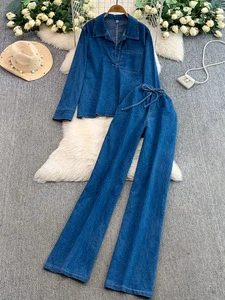 Women's Vintage Chic Denim Suit V-Neck Long Sleeve Tops Elastic Straight Pants Solid Pattern Washed Technique Digital for Autumn