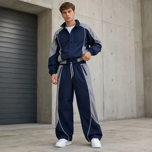 Wholesale Men's Retro Tracksuit Contrast Piping Zip Jacket Loose Fit Pants Custom Logo Streetwear Two Piece Outfit