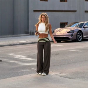 Polyester Low-Rise Summer Women's Flared Casual Pants With Ruffled Trim-Solid Colors Loose Fit Full Length