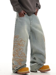 Custom Faded Wash Print Blue Oversized Bell Bottom Bootcut Distressed Vintage Denim Pant Flared Jeans Men