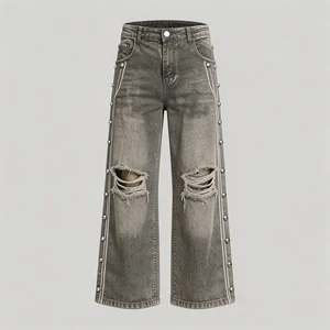 Mens Wide Leg Punk Washed Grey Denim Jeans Distressed Ripped Knee Side Studded Stripe Vintage Streetwear Casual Fashion Bottoms