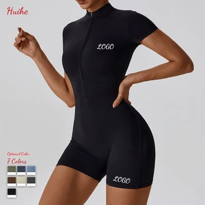 HUIHE Summer Zipper Short Sleeved Yoga Jumpsuit Fitness Tight Fitting Sports Jumpsuit for Women