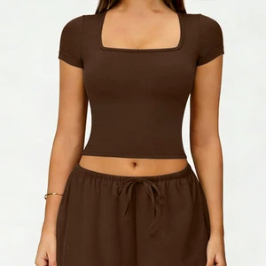 Aibalu Clavicle-cut Square-neck Short-sleeve Strapless High-waisted Draping Casual Wide-leg Pants Spandex/Nylon Yoga Set