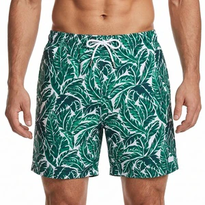2026 Custom Logo Men's Tropical Leaf Print Swim Shorts 100% Polyester Quick Dry Drawstring Board Shorts For Beach