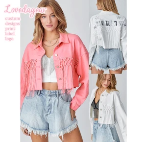 New Fashion Women Denim Jacket Long Sleeve Stars Patch Tassel Shirts Shacket Coat