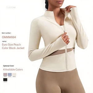 Custom Nylon Spandex Quick Dry Breathable Naked Feel Color Block Women Yoga Jacket with High Neck for Gym Yoga Running Fitness