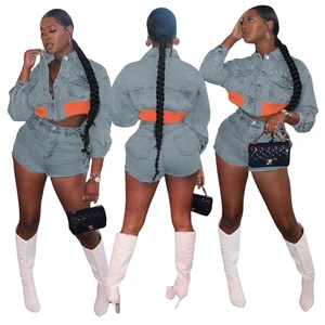 Ladies Fall Blue Jean Jacket and Shorts Set Denim Streetwear Two 2 Pieces Outfit Jeans Short Suit for Women