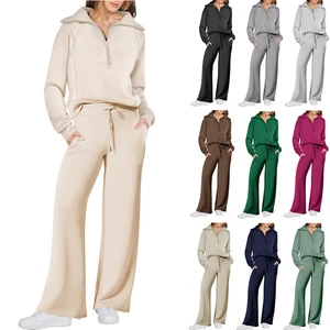Women Fall Winter Casual Sport Set Zip up Long Sleeve Hoodie Sweatshirt Wide Leg Pants Lounge Two Piece Tracksuit