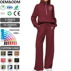 Hot Sale Custom Women's Two-Piece Set Spring Knitting Half-Zip Sports Wide-Leg Sweatpants Casual Suit Solid Color Loose Fit