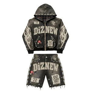DiZNEW Rhinestone Jeans Set Custom Custom Logo Distressed Jackets And Jeans Short Sets Designer Summer Set For Men