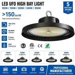 1-10V Dimmable 30000lm UFO High Bay Lights IP65 Warehouse Shop Lighting Suspended 200W Industrial LED UFO High Bay Lights