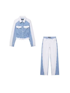 Women's Fall New Arrival Fashion Streetwear Color-Block Patchwork Denim Jacket & Straight-Leg Pants Two-Piece Set