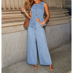 Women's Denim Vest and Wide Leg Pants Set Chic Sleeveless Button Down Top with Jeans Trousers Two Piece Outfit