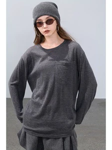 Women Chest Pocket Crew Neck Knit Top Oversized Long Sleeve Loose Pullover Casual Basic Solid Knitwear 100% Cashmere Soft