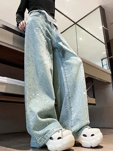Custom Fashion Hotselling High Waist Diamond Straight Pants Casual Rhinestones Jean Women Trousers Denim Jeans