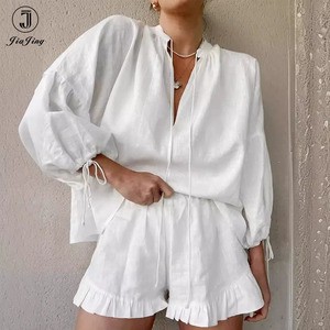 Women Linen Shorts Set Vacation Wear Relaxed Fit Blouse Shorts Two Piece Clothing OEM Supplier Lightweight Beach Outfit