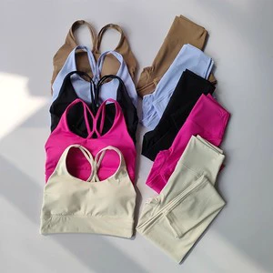 Yoga Suit Nude Feeling Solid Color Shockproof Push-up Sports Underwear Women's Training Quick-drying 2-Piece Yoga Set