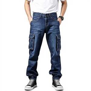 Autumn Winter Custom Men's Plus Size Mid Waist Washed Distressed Loose Straight Jeans Wide-leg Baggy Denim Pants Vintage Style