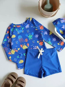 Boys 2026 New Style Sun Protection Swimsuit and Swim Cap, Stylish One-Piece Swimwear for Kids Spring Beach Vacation