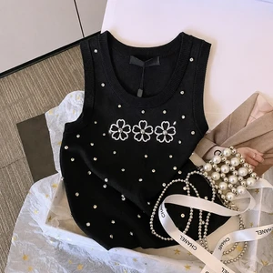 Plus Size Women's Breathable Casual Short Woven Camisole Vest Top with Sequin Letter Embroidery for Summer
