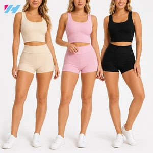 Gym Sets For Women Ribbed Crop Tank Top High Waist Yoga Shorts Custom Wholesale