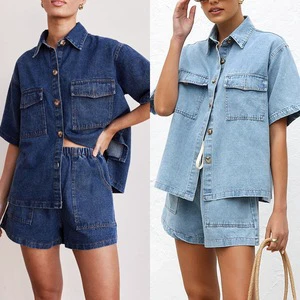 Women's Vintage 2-Piece Denim Casual Suit with Above Knee Shorts Short Sleeve Shirt with Loose Pocket Plain Dyed for Summer