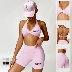Logo Custom Stretch Nylon 2 Piece Women's Yoga Set with Twist Sports Bras and Yoga Shorts Leggings for Pilates and Gym