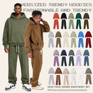 Stock Blank 350G Heavy Fleece 100% Cotton Casual Oversized Hoodie Wide Leg Pant Men Autumn Matching Tracksuit Set