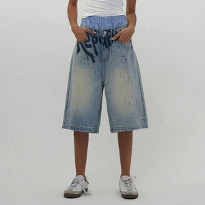 LARSUR Custom Factory Printed Distress Wash Baggy Cropped Jorts Distress Dye Wash High Waist Twill Denim Short Pants for Women