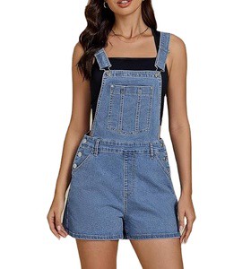 Custom Women's High Waist Denim Overalls Baggy Stretch Bib Shorts Adjustable Straps Pockets Summer Jumpsuit