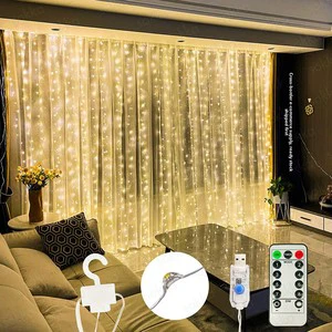 Cross-border Explosions 3*3 Copper Curtain Lamp USB Remote Control 8 Function Hook LED IP44 3000K Warm Light 12m Christmas