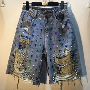 Custom New Heavy Denim Straight Pants Casual High Waist with Diamond Washed Jean Shorts Women 2025