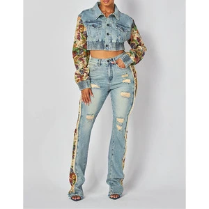 2025 Denim Outfits Two Piece Jeans Set Two Piece Fashion Streetwear Jacket Top and Women's Pants Set