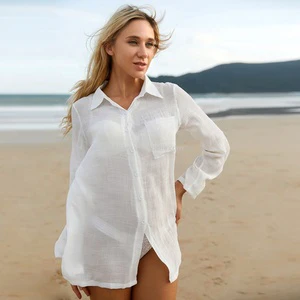 JINRU Factory Luxury Bikini Beachwear Shirt Blouse Long Sleeved Cotton Plus Size Swimwear Beach Cover up