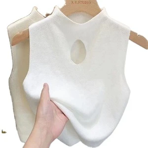 RNSHANGER Fashion Half Turtleneck Hollow Out Knitted Tank Top Summer Women Casual Solid Color Sleeveless Sweater Vest