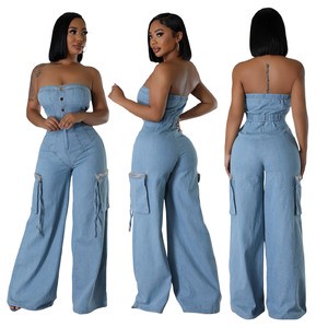 Cross-Border New European American Summer Casual Fashion Strapless Women's Loose Fit Mid-Rise Denim Jumpsuit Workwear Pants