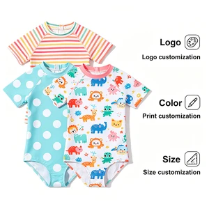 Salt Resistant Anti-Wrinkle Stretch Fabric Girls Short Sleeve One Piece Swimsuit Cartoon Zoo Animal Dot Stripe Print