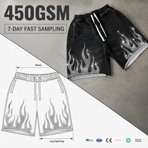 Premium Heavyweight Washed Black Denim 100% Cotton Windproof Breathable Men's Oversized 3D Rhinestone Flame Pattern Shorts