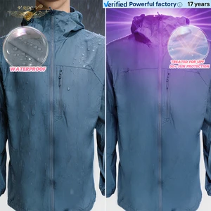 Unisex UPF50+ Sun Protection Safari Jacket Waterproof Nylon Lightweight Hooded Outdoor Windbreaker With Chest Zipper Pockets