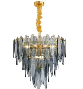 Home Decoration Adjustable Height Hotel LED Chandelier Living Room Nordic Modern Rectangle Metal Middle Glass Leaf Pendant Light