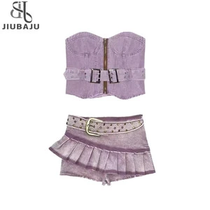 Women Denim Clothing Suits Chic Zipper Slash Irregular Tops + Belt Pleated Jeans Mini Skirt 2-piece Sets