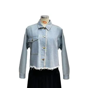 Custom Women's Light Blue Distressed Short-Sleeved Denim Jacket & Coat