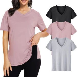 Hot Selling Plus Size Women's Casual V Neck 220G Terry Polyester Spandex Blend Loose Fit Soft Regular Shoulder T-Shirt Summer