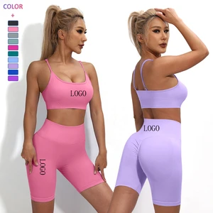 Best-Selling Custom Logo 2 Pieces Yoga Set Nylon Soft Gym Sports Wear With Adjusted Bra High Waist Shorts Seamless Workout Set